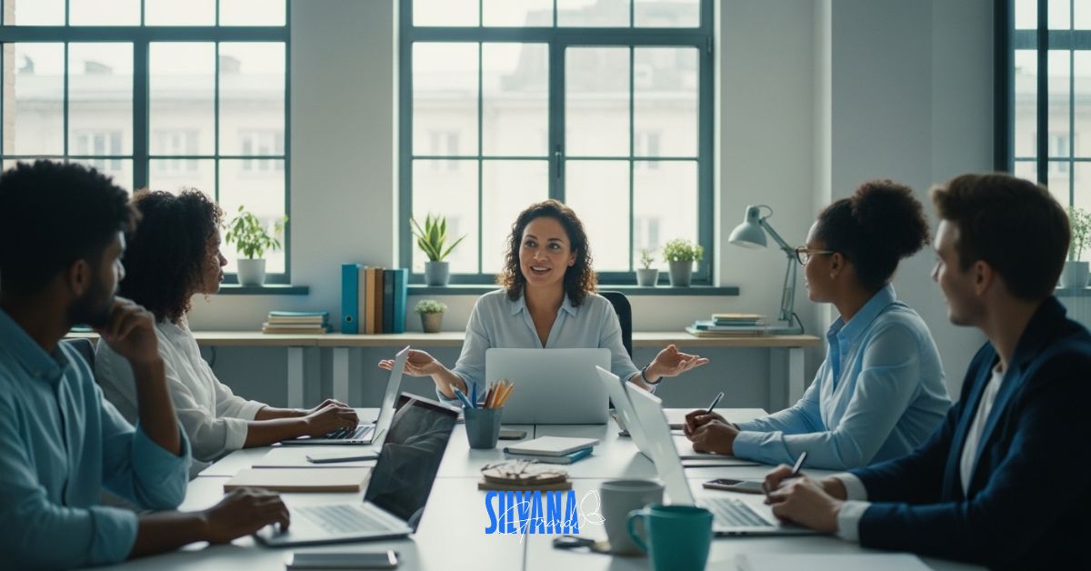 Liderança e saúde mental na volta ao trabalho, gestora conversando com a equipe em ambiente corporativo