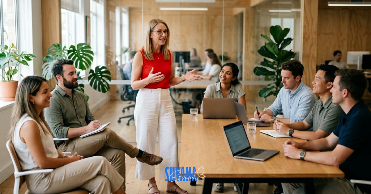 Inteligência emocional no trabalho, palestrante conduzindo conversa com equipe em ambiente corporativo