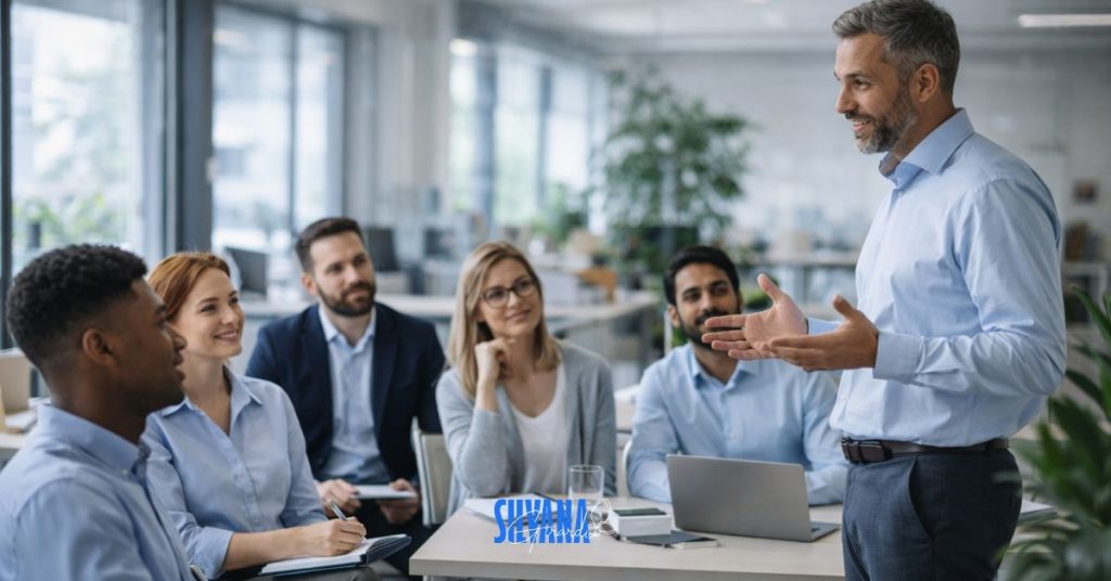 saúde mental no trabalho em equipe corporativa com líder conduzindo reunião em ambiente moderno e colaborativo