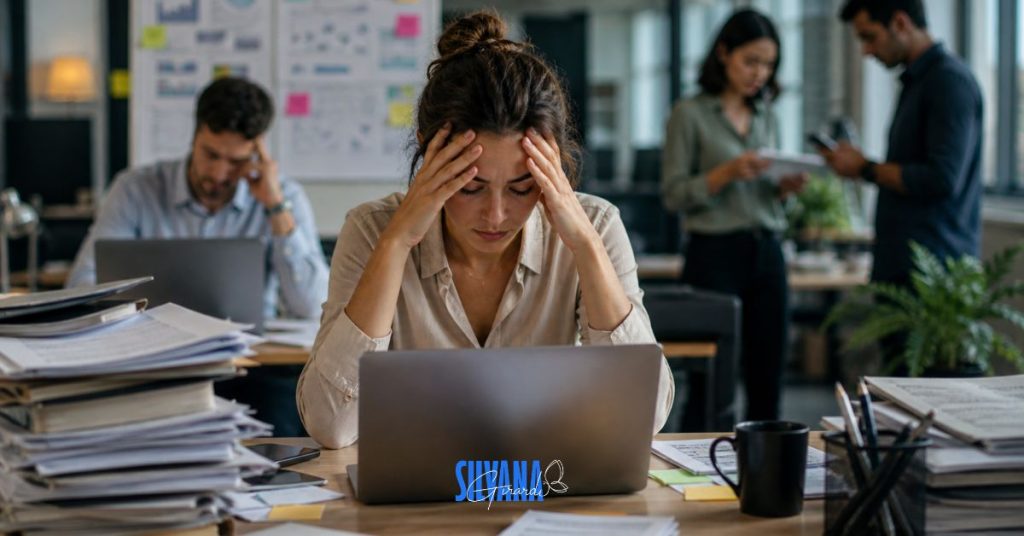 Equipe corporativa com sinais de cansaço e sobrecarga emocional