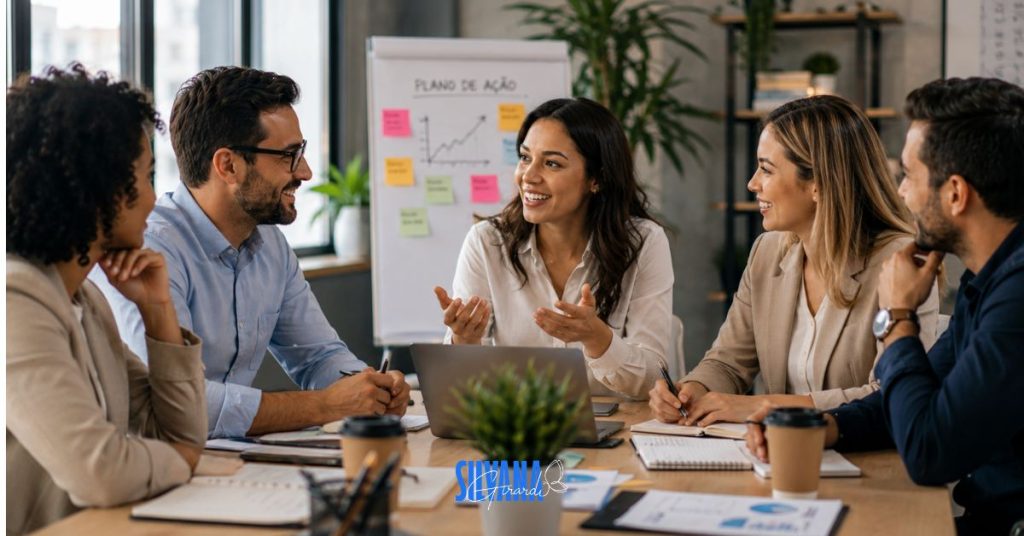 Equipe corporativa reunida em ambiente colaborativo e acolhedor promovendo saúde mental no trabalho e cultura organizacional saudável.