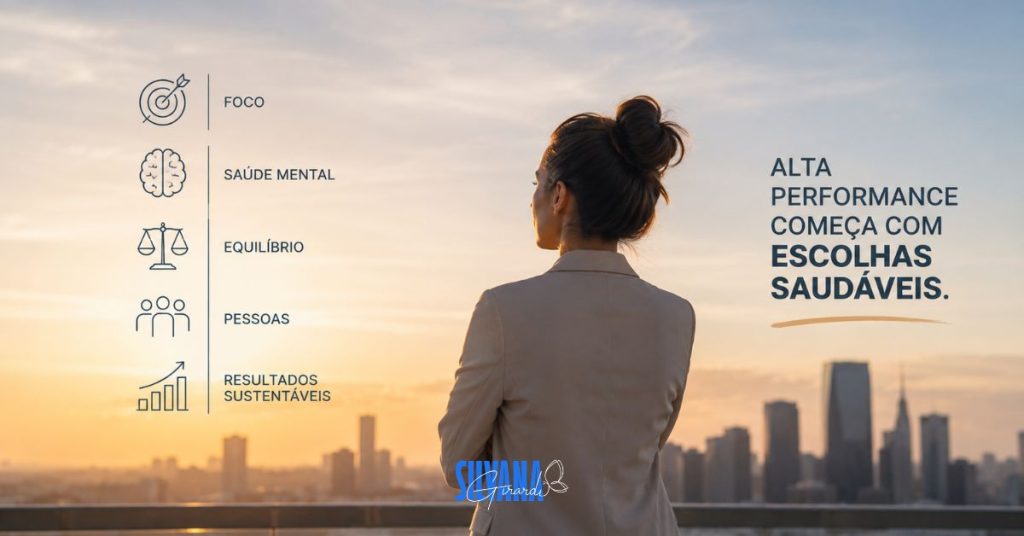 Alta performance no trabalho com equilíbrio emocional em ambiente corporativo moderno e foco em saúde mental no trabalho e resultados sustentáveis