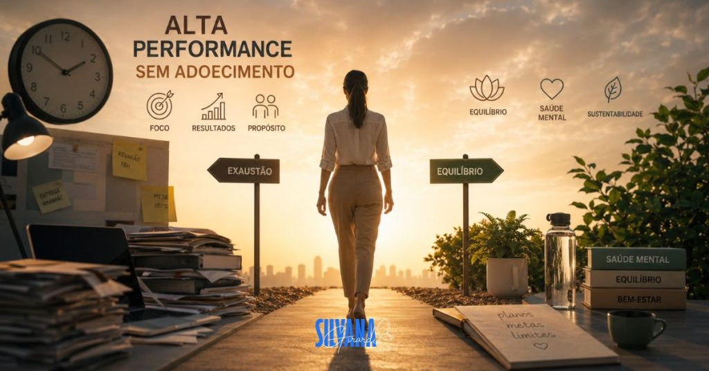 Profissional caminhando entre cenários de pressão e equilíbrio, simbolizando alta performance no trabalho, saúde mental corporativa, prevenção do burnout e produtividade sustentável nas empresas.
