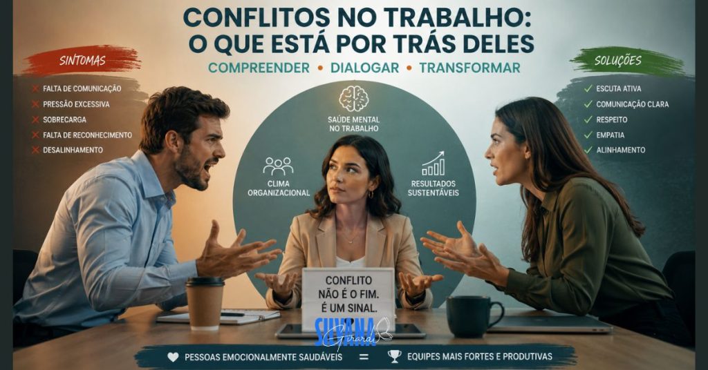 Conflitos no trabalho em equipe corporativa relacionados à comunicação, liderança, riscos psicossociais, clima organizacional e saúde mental no ambiente profissional.