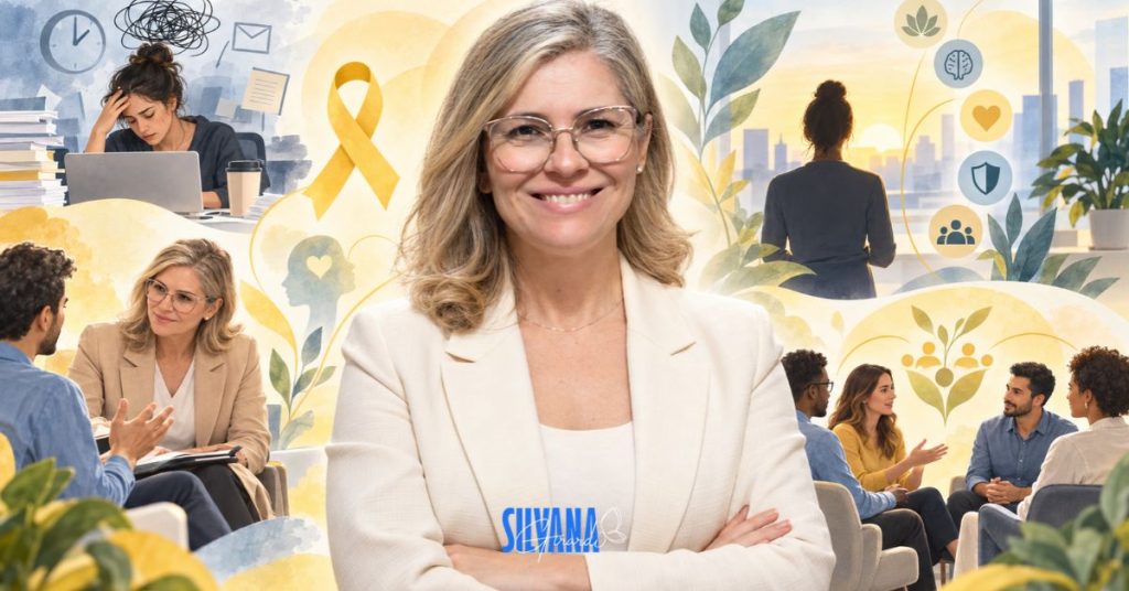 Dra. Silvana Girardi em imagem corporativa sobre pressão diária no trabalho, saúde mental, limites emocionais, Setembro Amarelo e riscos psicossociais.