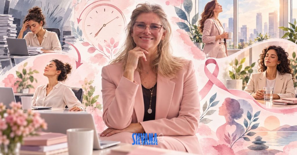 Dra. Silvana Girardi em imagem sobre pausas conscientes no trabalho, autocuidado, saúde emocional e Outubro Rosa nas empresas.